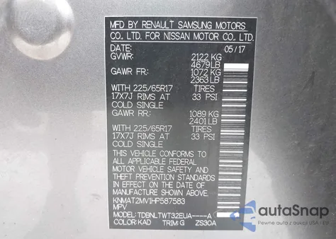 2017 Nissan Rogue S/Sv z USA, uszkodzony, nr VIN KNMAT2MV1HP587583